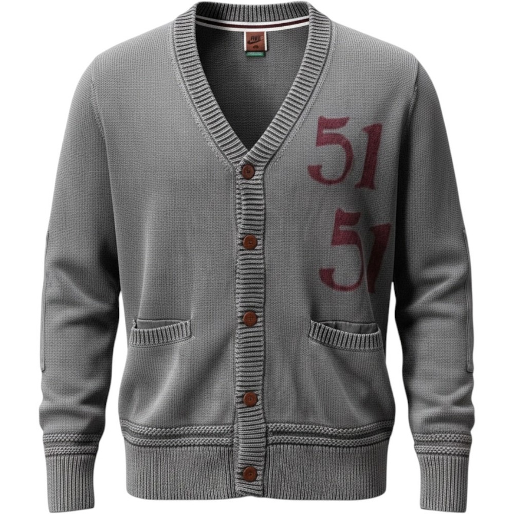 NIKE Mens XL Gray Red 51 Letterman Varsity Cardigan Sweater Patches Cotton